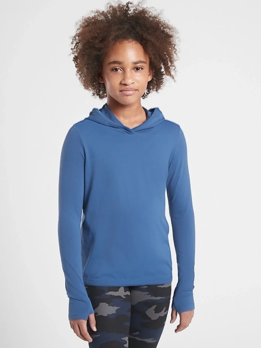Athleta Girl Long Sleeve Performance Shirt Hood  Thumb Holes Periwinkle Blue S/7